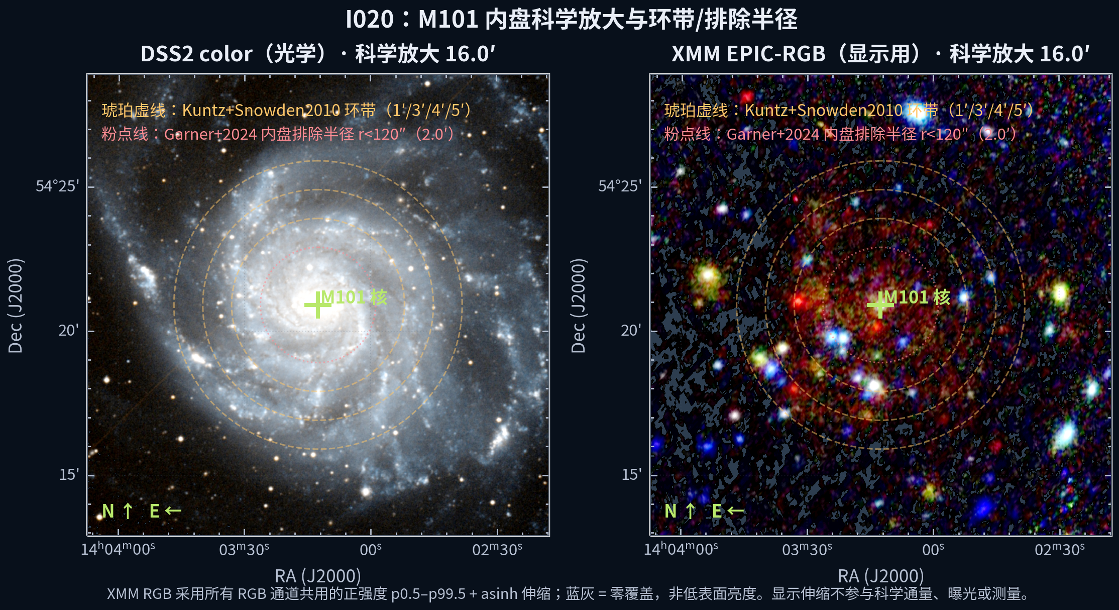 M101 的 DSS2 光学与 XMM EPIC-RGB 科学放大 WCS 图，标出 Kuntz+Snowden2010 环带和 Garner+2024 内盘排除半径。